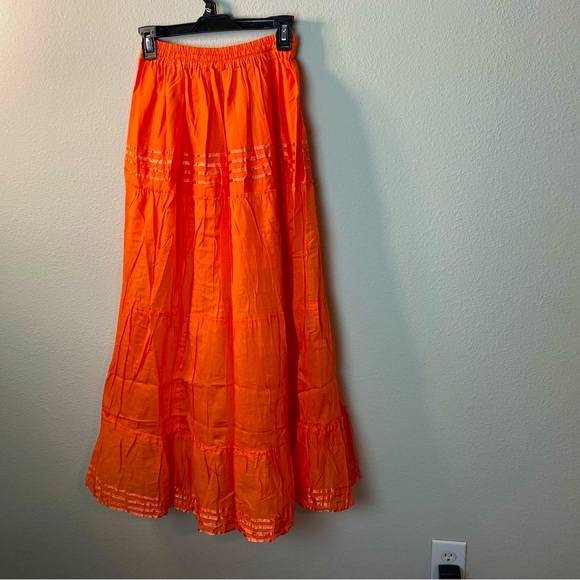 HIGHNESS NYC Women OS Beach Breeze Cotton Solid Orange Ruffle Maxi Skirt - Picture 4 of 12